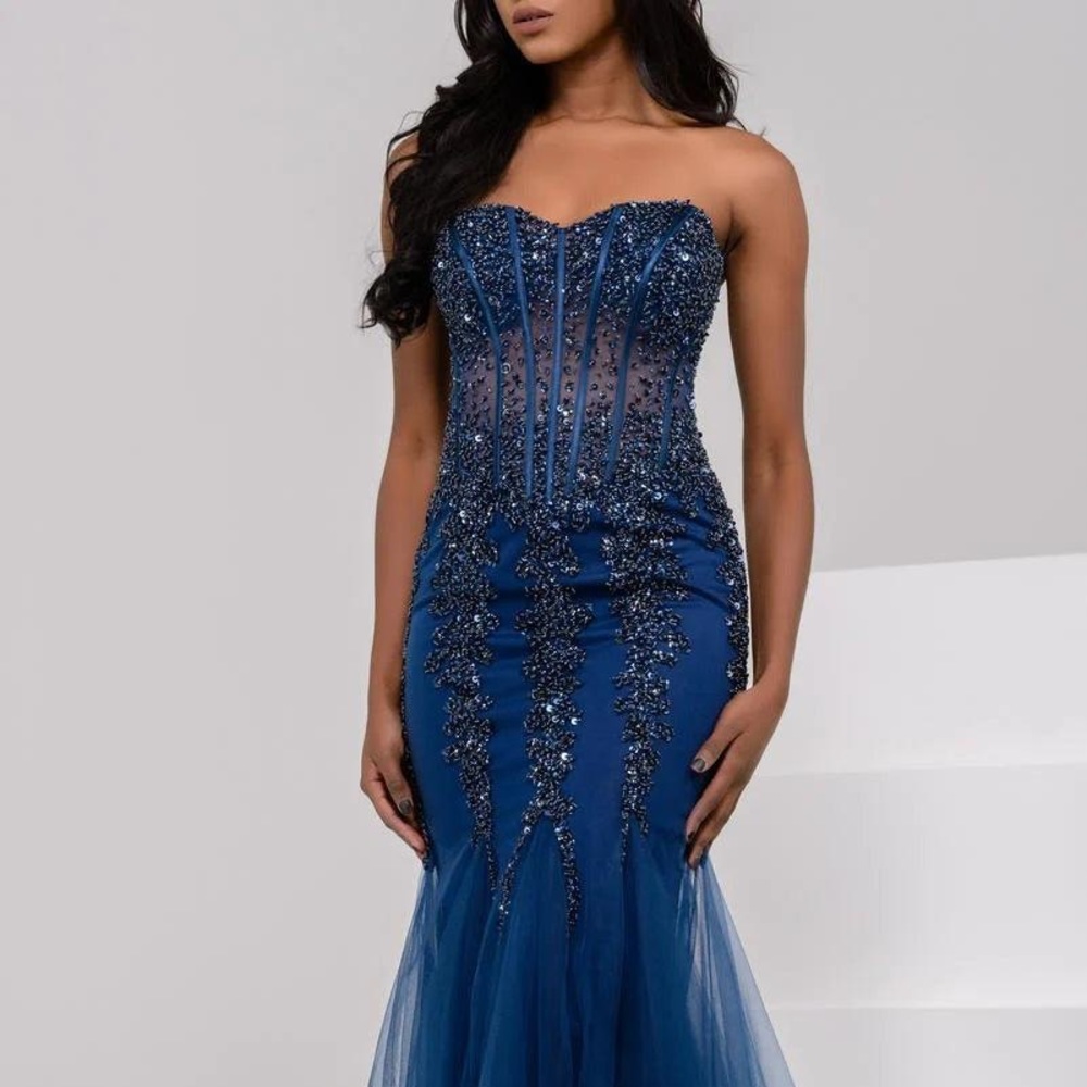 JOVANI Navy Blue Strapless Mermaid Prom Dress